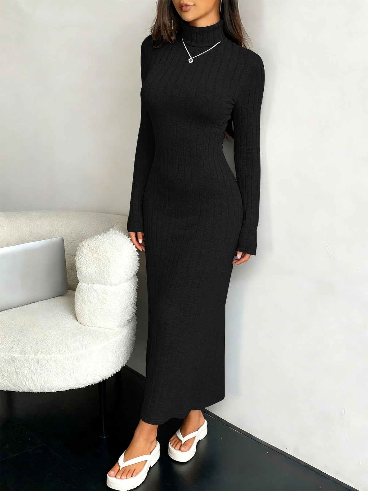 Ribbed Turtleneck Long Sleeve Bodycon Maxi Dress
