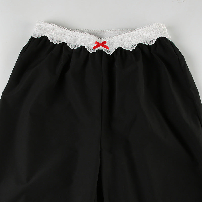 Lace Trim High Waist Baggy Cargo Pants Wide Leg