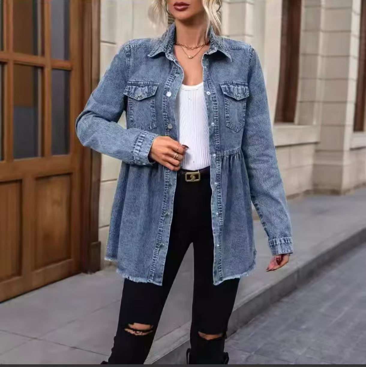 Women's Denim Shacket Ruched Waist Long Sleeve Frayed Hem