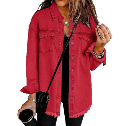 Women's Oversized Denim Shacket Frayed Hem Jacket