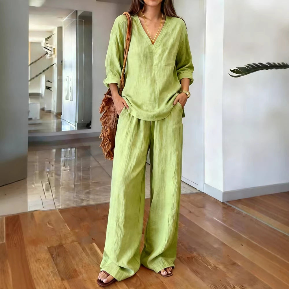 Women's Washed Cotton V-Neck Two Piece Set Wide Leg Pants