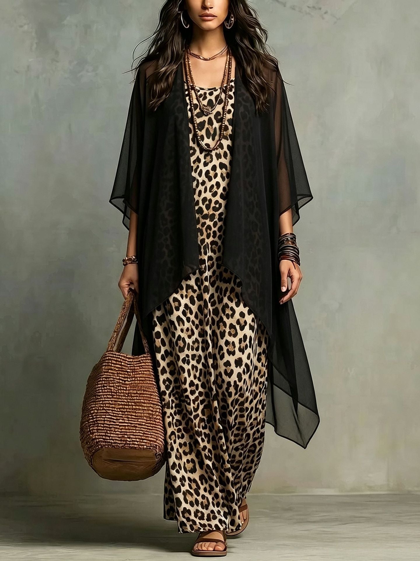 Women's Leopard Print Maxi Dress & Cardigan Set