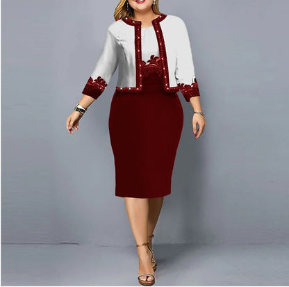 Plus Size Floral Jacket Bodycon Midi Dress Set