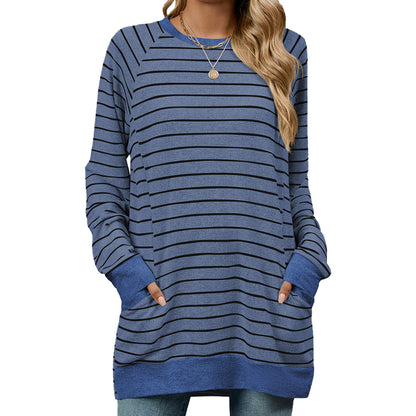 Women's Striped Color Block Long Sleeve Pocket Tunic