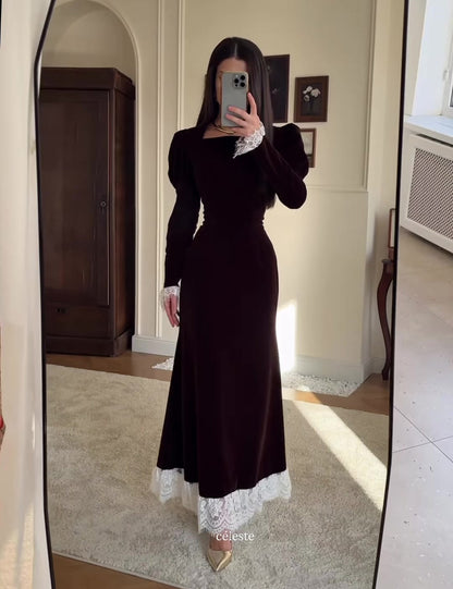 Velvet Maxi Dress Square Neck Lace Trim Long Sleeve