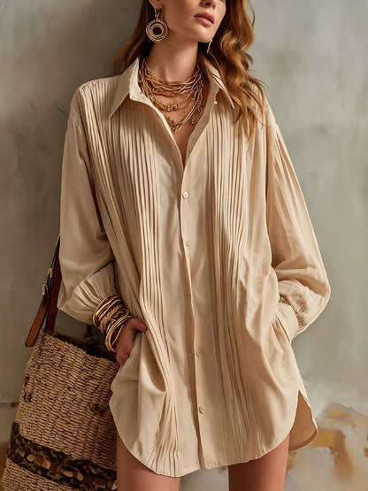Women's Oversized Pleated Collared Shirt Long Sleeve Blouse