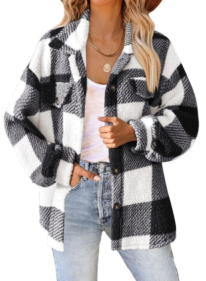 Women's Oversized Plaid Sherpa Shacket Jacket Pockets