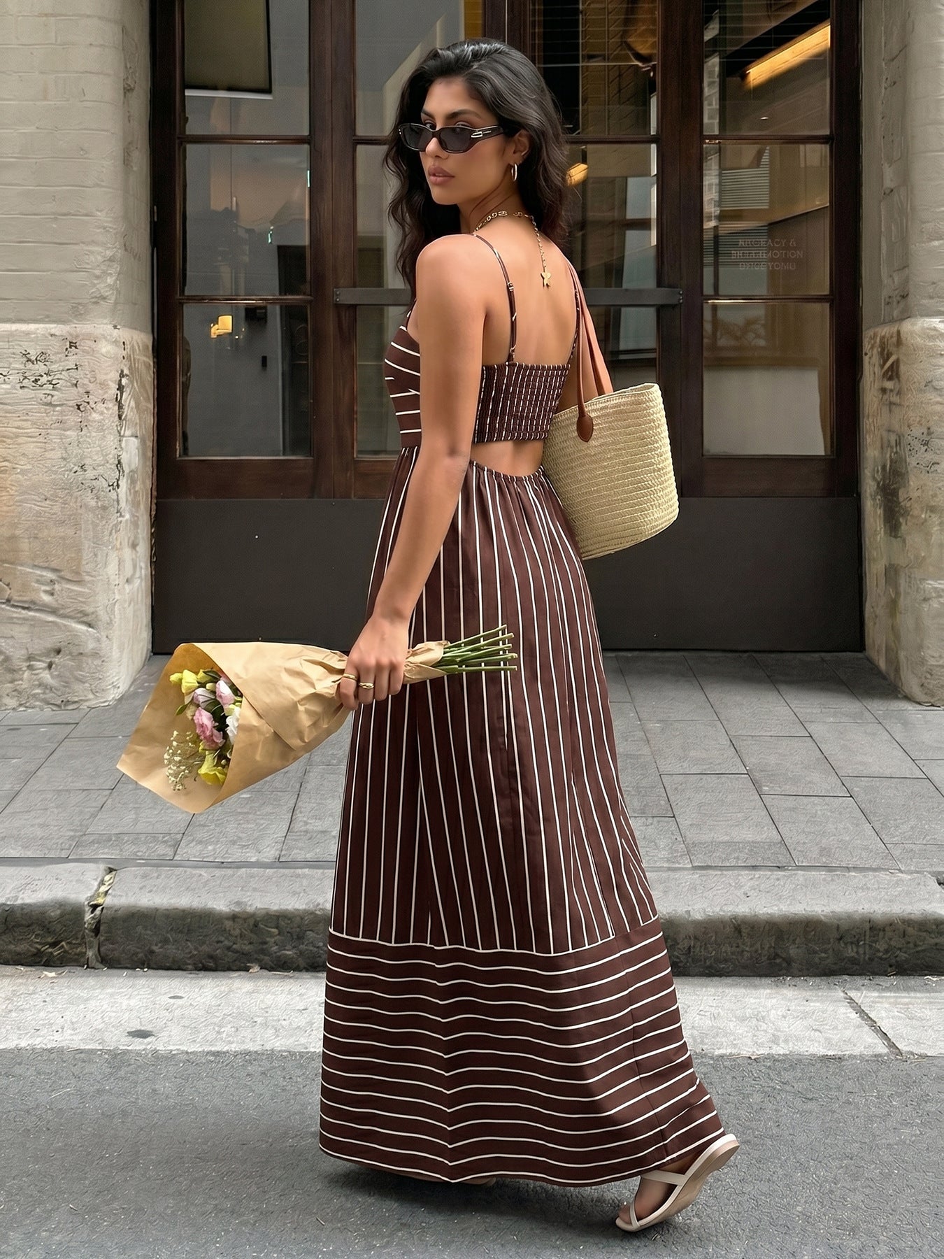 Striped Backless Maxi Dress Boho Resort Vacation Dress