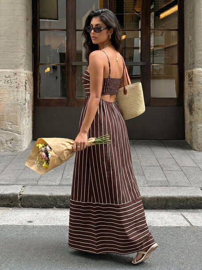 Striped Backless Maxi Dress Boho Resort Vacation Dress