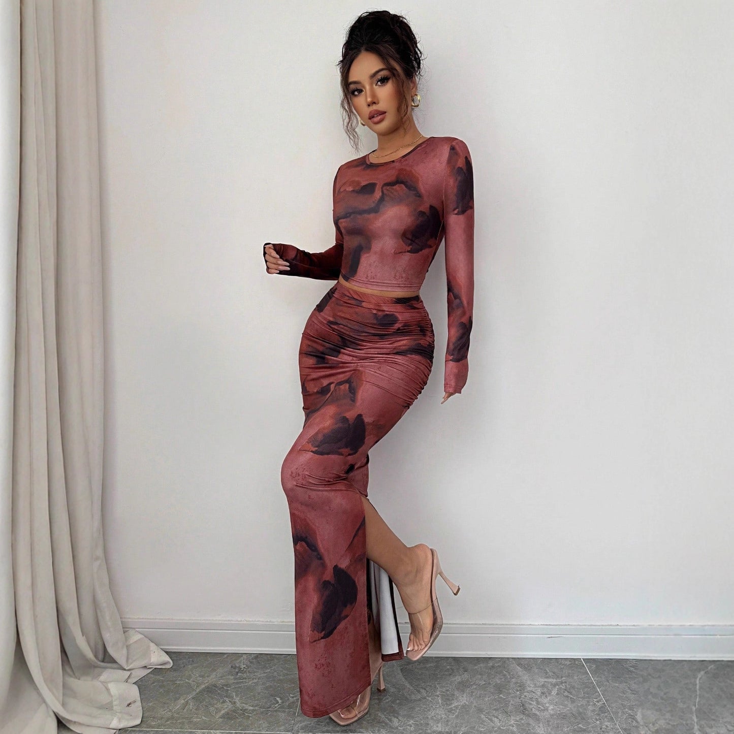 Tie Dye Mesh Two Piece Set Crop Top Bodycon Skirt