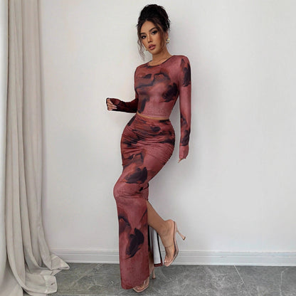 Tie Dye Mesh Two Piece Set Crop Top Bodycon Skirt