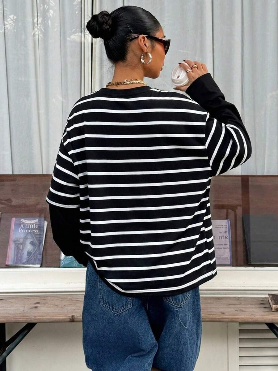 Striped layered look top relaxed long sleeve
