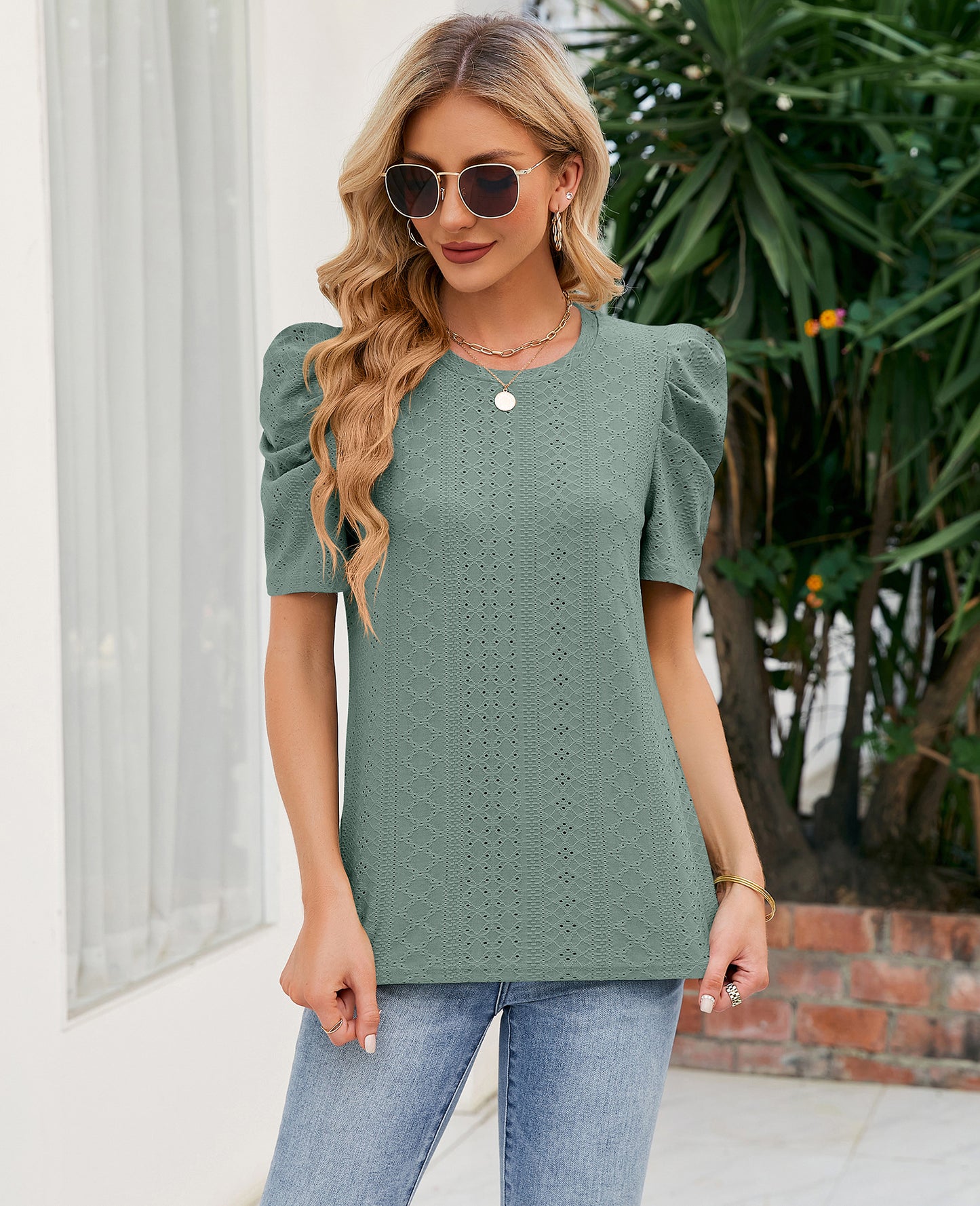 Loose Fit Ruched Sleeve Lace Knit T-Shirt for Women