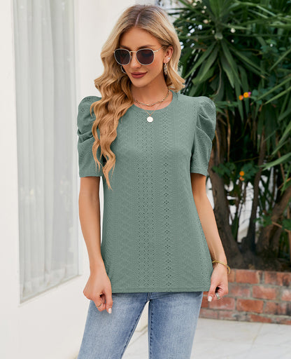 Loose Fit Ruched Sleeve Lace Knit T-Shirt for Women