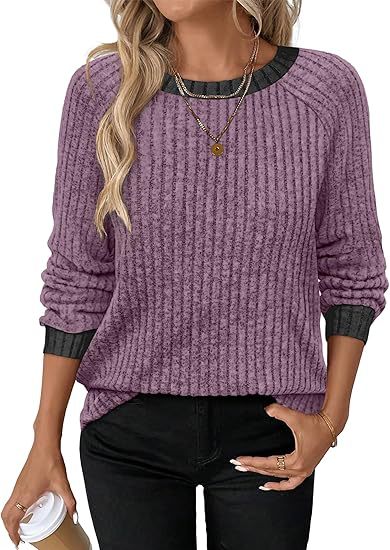 Women's Soft Ribbed Contrast Trim Long Sleeve Crew Neck Top