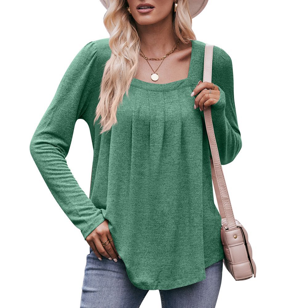 Square Neck Pleated Long Sleeve Top for Women