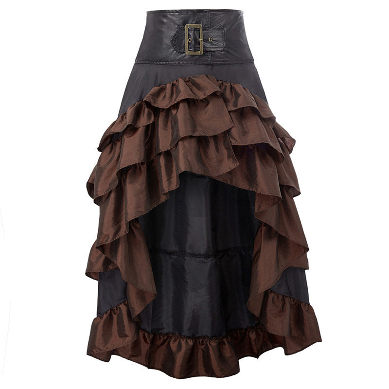 Steampunk Victorian Hi-Lo Ruffle Skirt Faux Leather Buckle