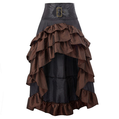 Steampunk Victorian Hi-Lo Ruffle Skirt Faux Leather Buckle