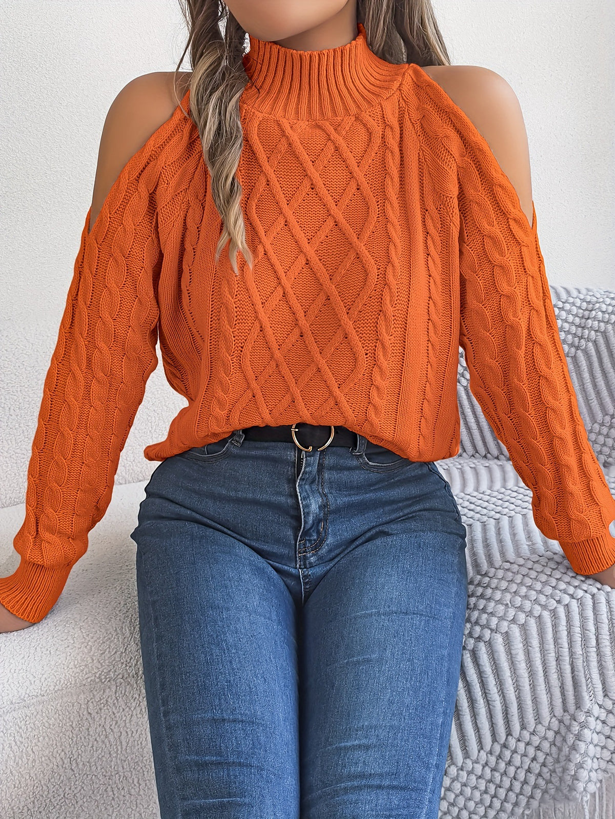 Women's Cold Shoulder Cable Knit Mock Neck Sweater