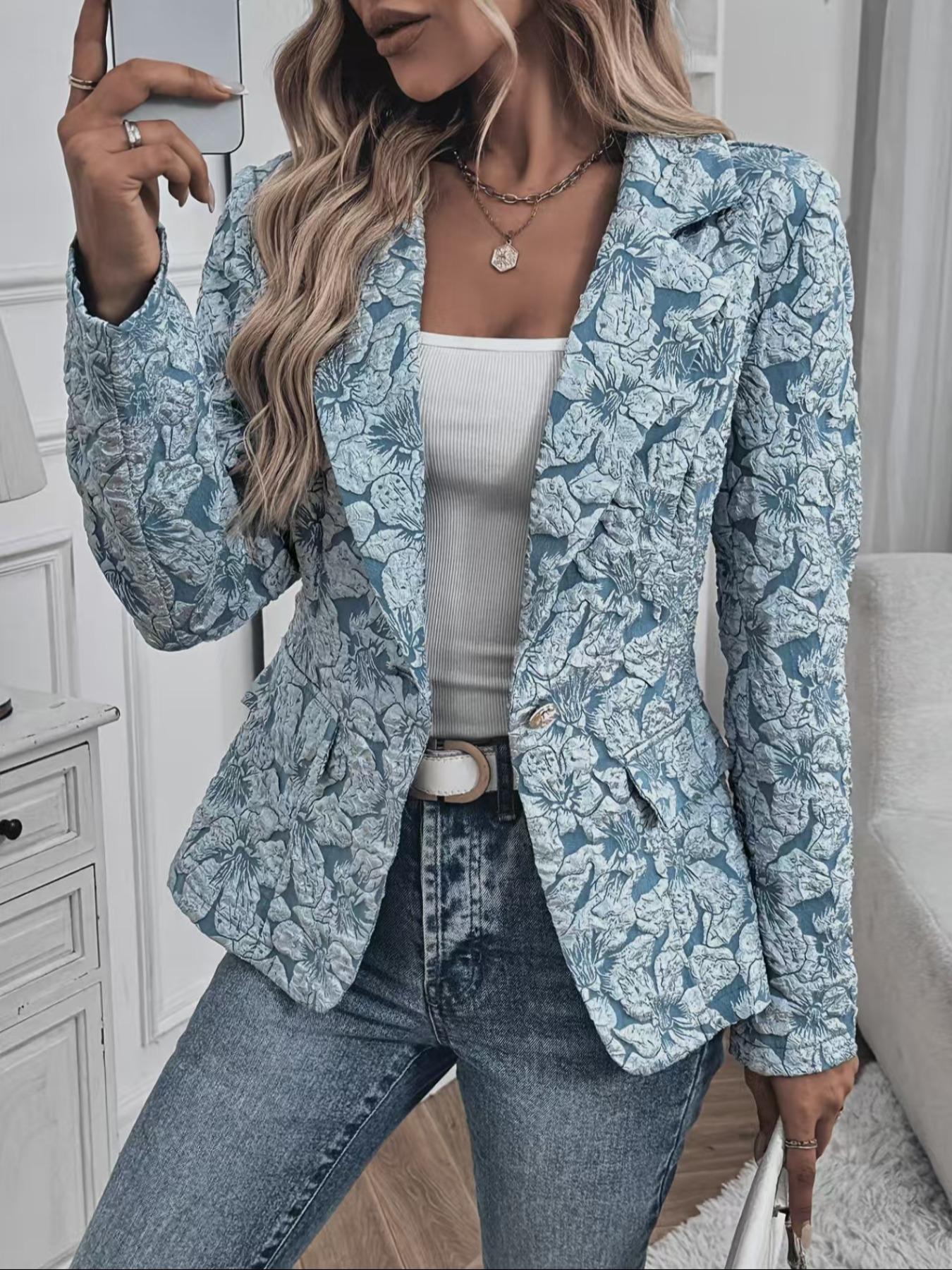 Women's Floral Jacquard Blazer Fitted Single Button Office