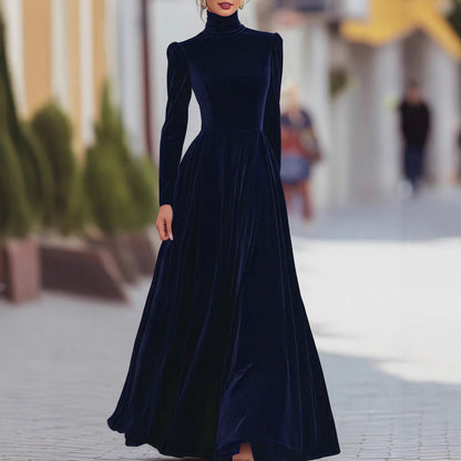 Elegant Velvet Turtleneck Long Sleeve Maxi Dress
