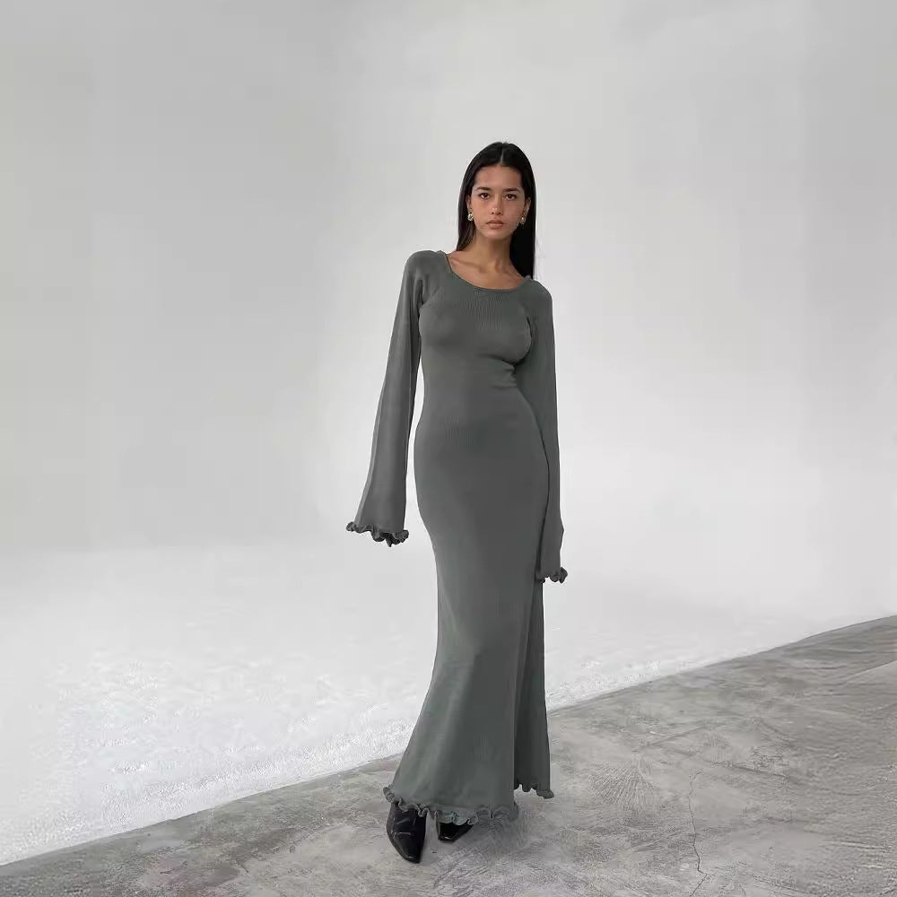 Backless Tie Back Knit Maxi Dress Long Ruffle Sleeve