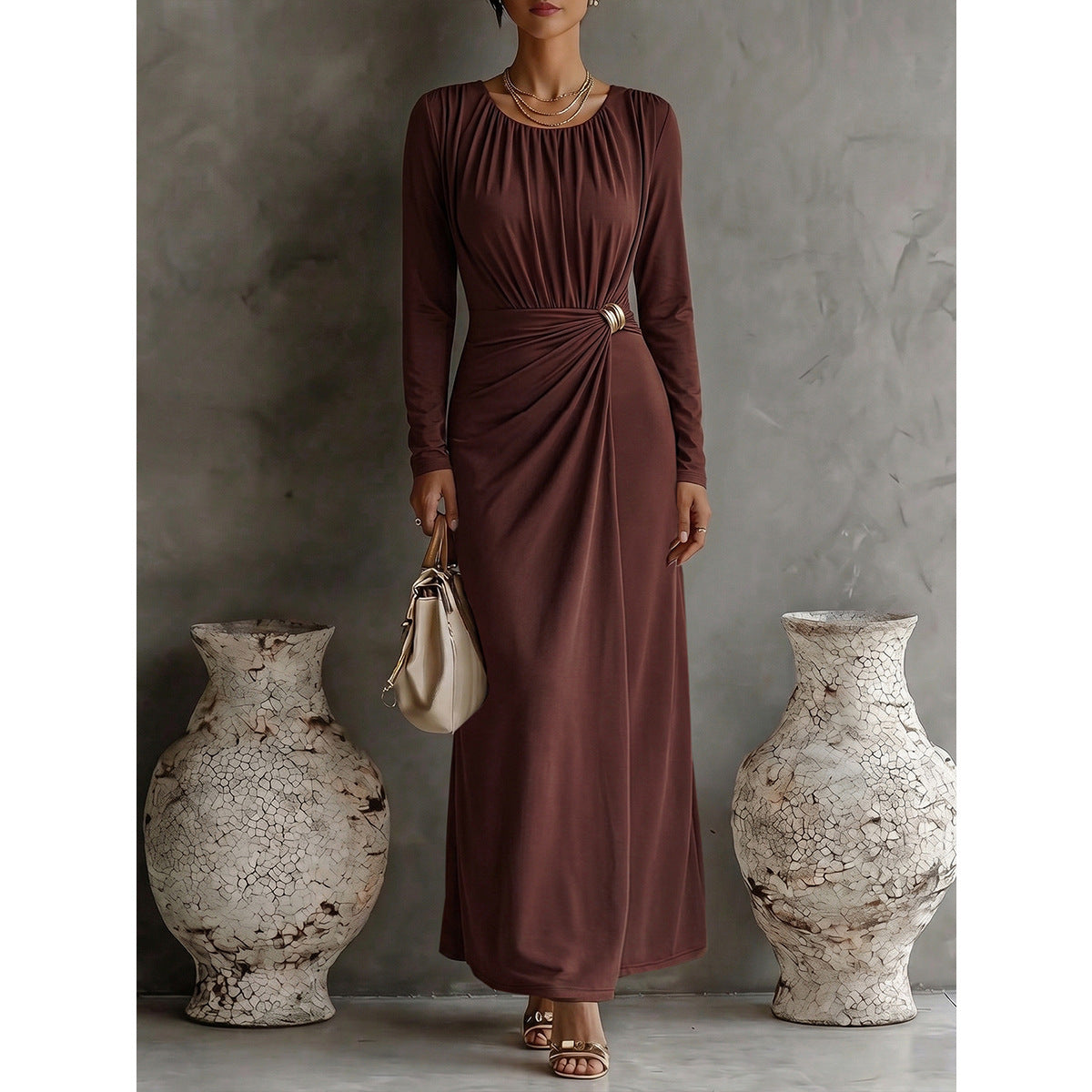 Ruched Long Sleeve Bodycon Maxi Evening Dress