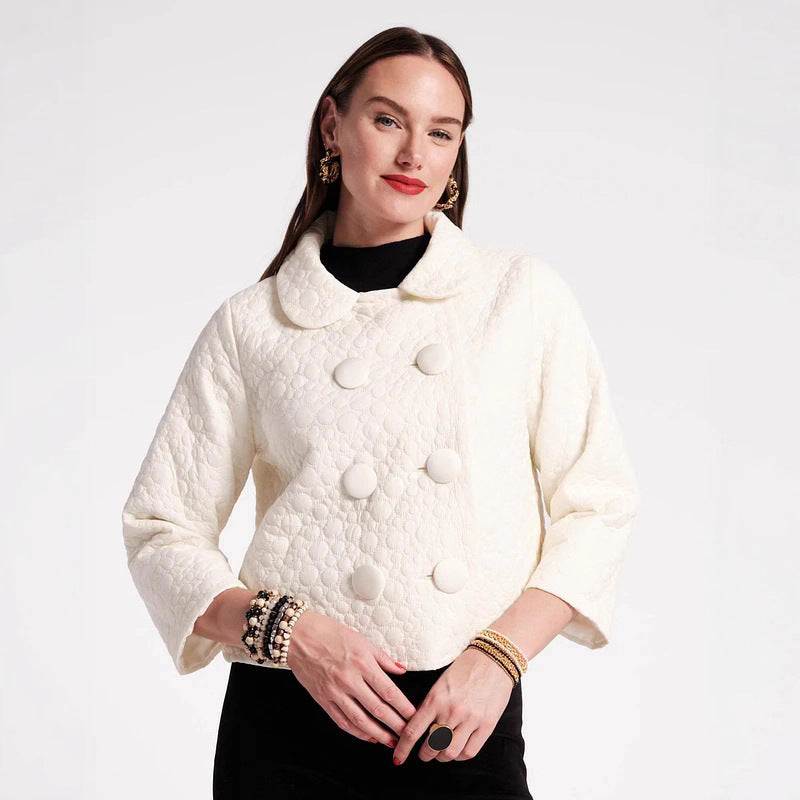 Cream Peter Pan Collar Quilted Jacket Double Breasted