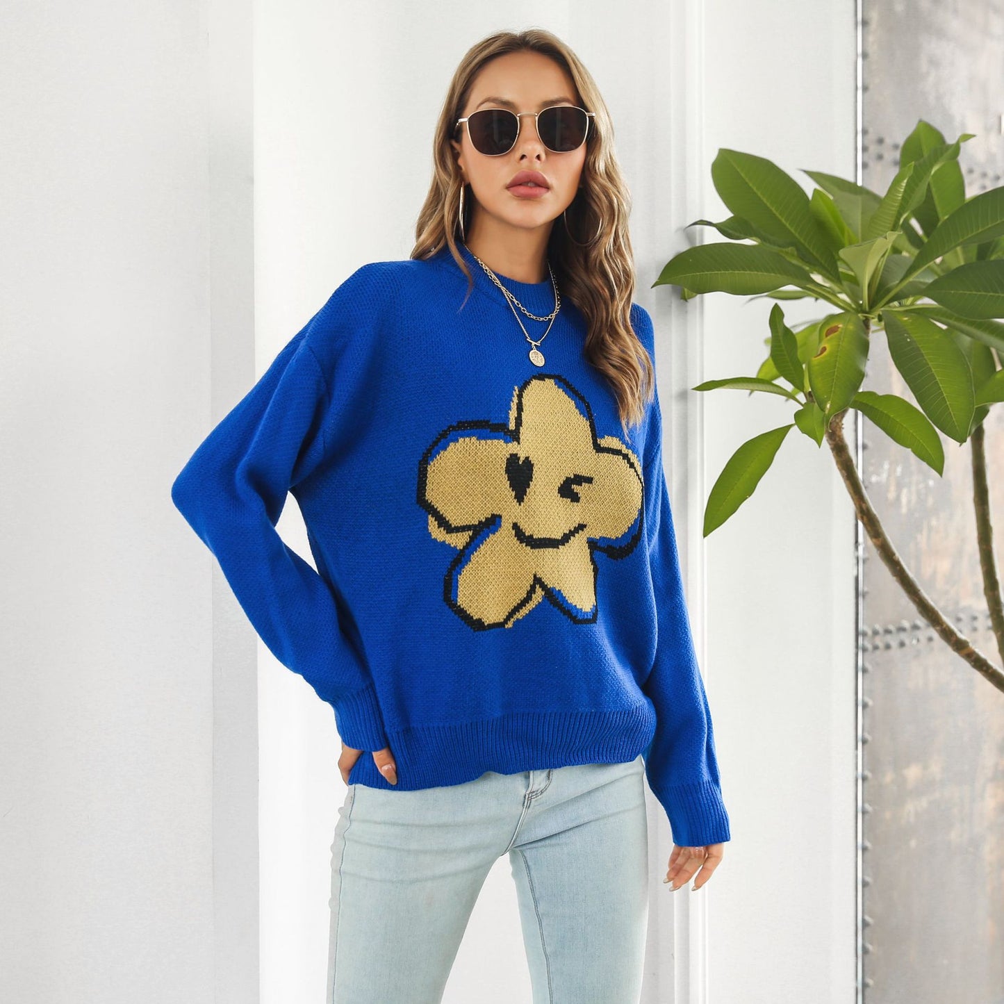 Cute Smiley Flower Oversized Crew Neck Knit Sweater