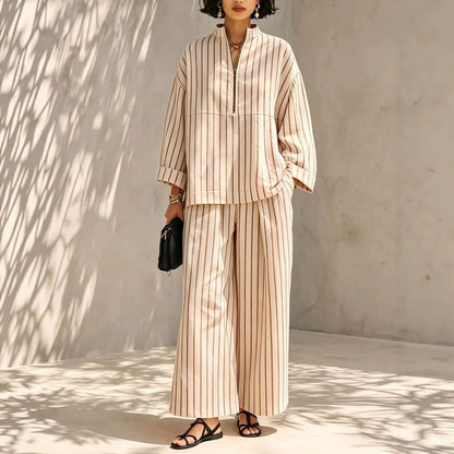 Women's Striped Half Zip Top Wide Leg Pants Set