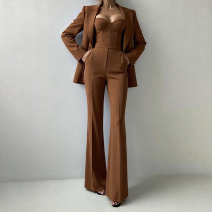 Women's 3 Piece Blazer Bustier Top Wide Leg Pants Set