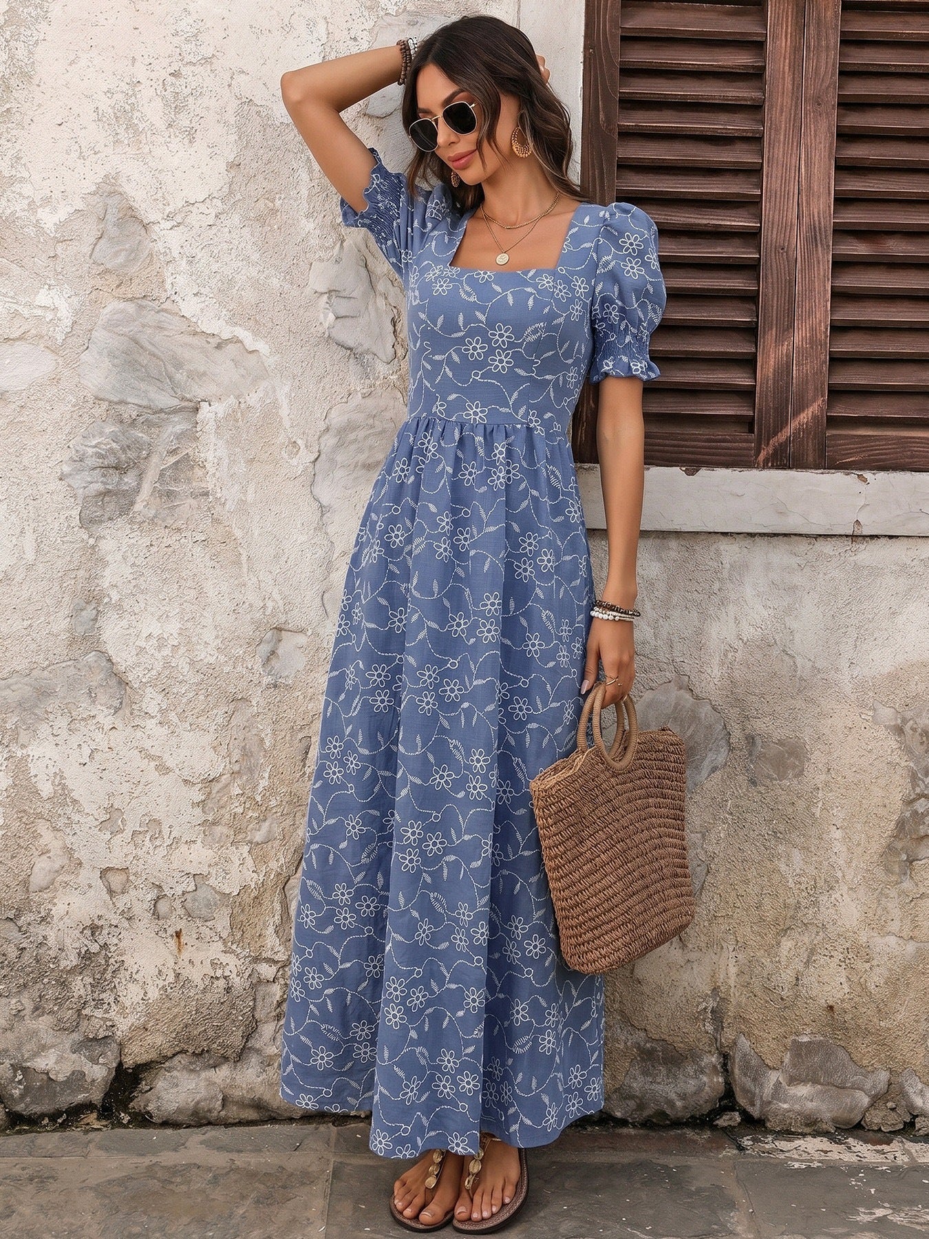 Floral Square Neck Puff Sleeve Maxi Dress Resort Style