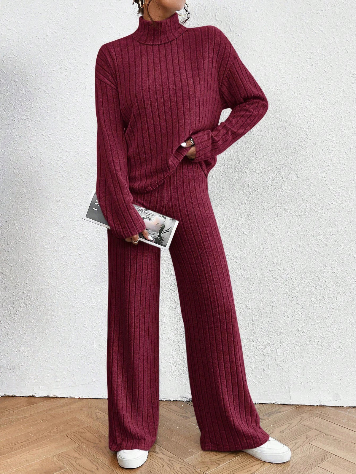 Women's Ribbed Turtleneck Sweater Wide Leg Pants Set