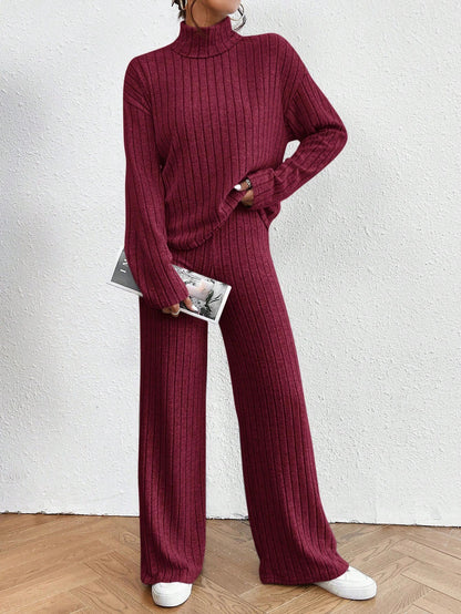 Women's Ribbed Turtleneck Sweater Wide Leg Pants Set