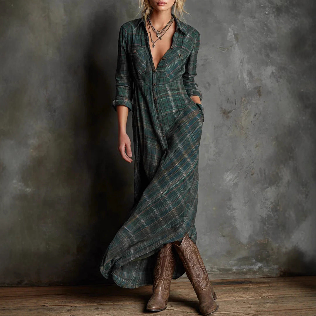 Long Sleeve Plaid Maxi Shirt Dress Button Down