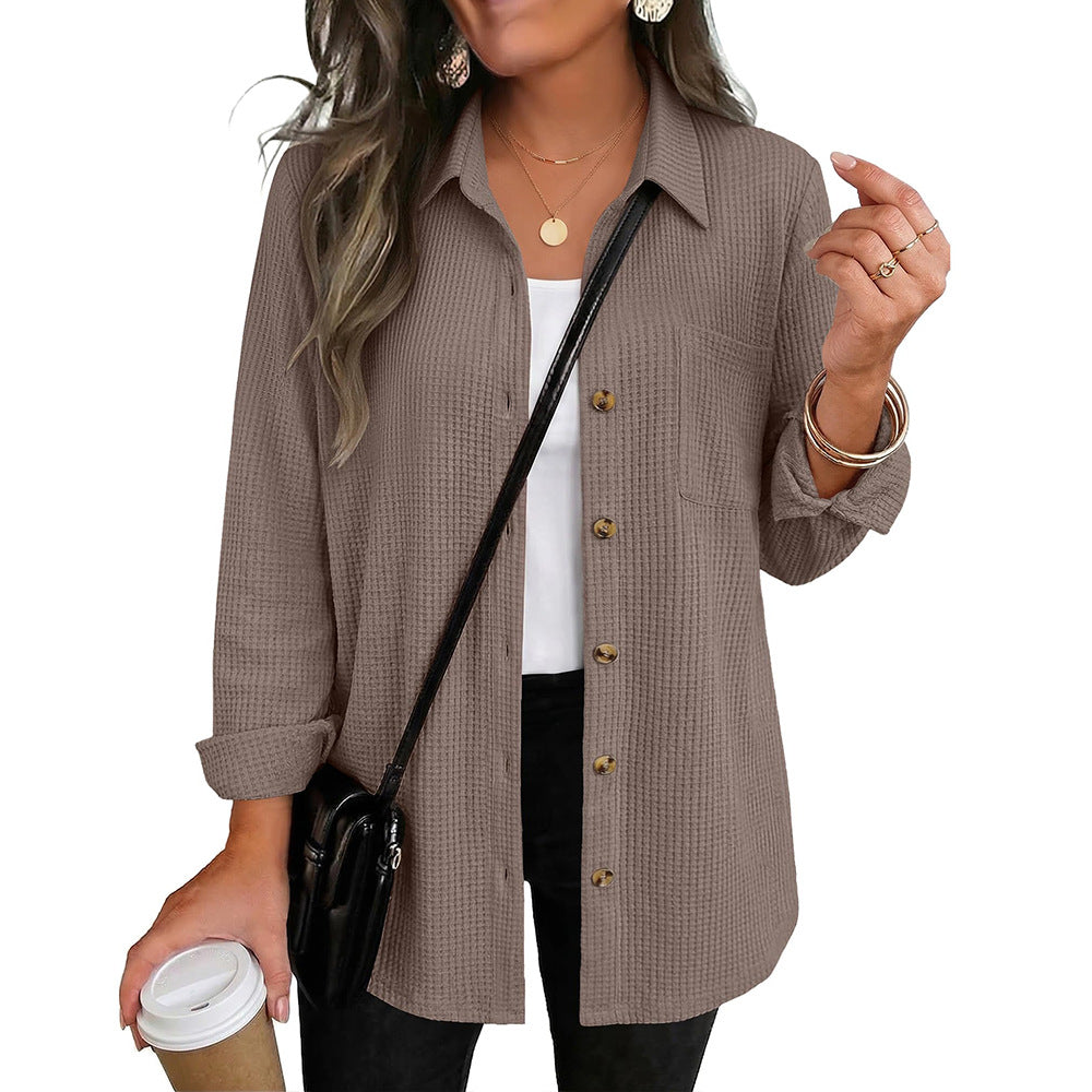 Waffle Knit Button Down Shirt Long Sleeve Pocket Tunic