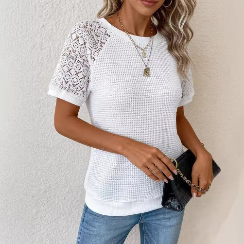 Women's Crochet Lace Sleeve Waffle Knit Top