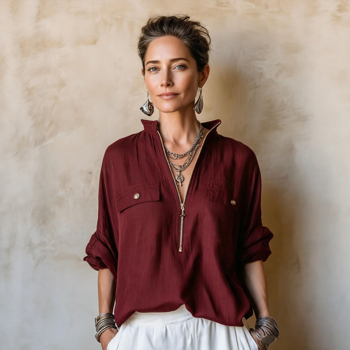 Women's Textured Half Zip Mock Neck Long Sleeve Blouse