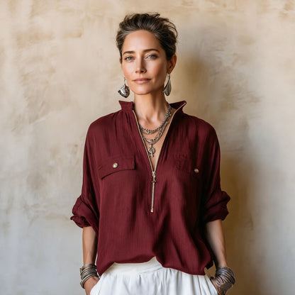 Women's Textured Half Zip Mock Neck Long Sleeve Blouse