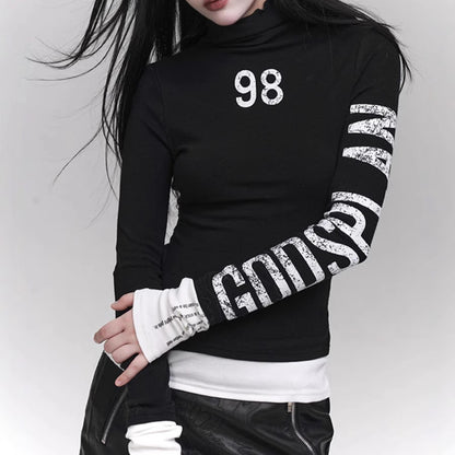 Women's Streetwear Graphic Turtleneck Slim Long Sleeve Top
