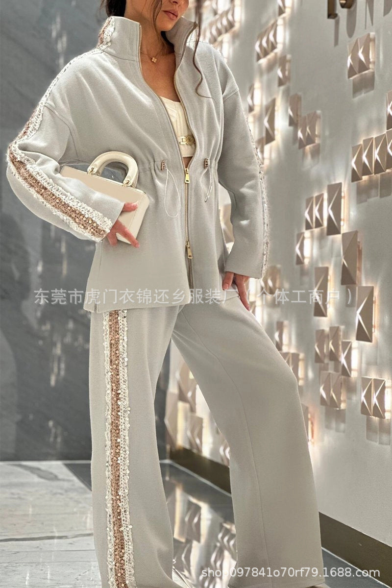Women's Sequin Drawstring Wide Leg Pants Two Piece Set