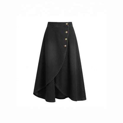 High Waist Button Front Asymmetric Denim Maxi Skirt