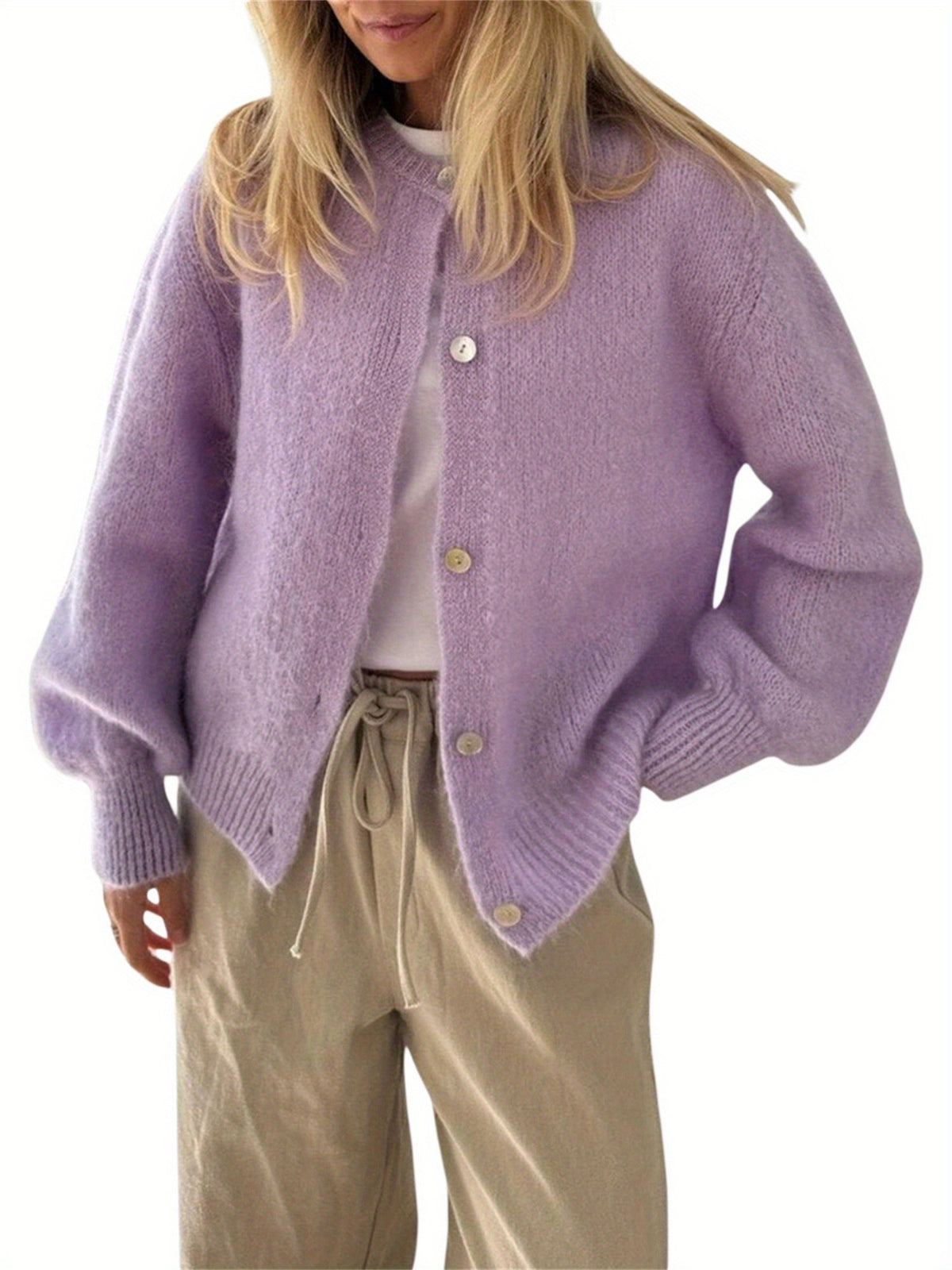 Oversized Pastel Crew Neck Button Front Knit Cardigan
