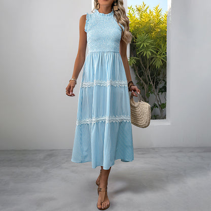 Sleeveless Striped Lace Midi Dress Ruffled A-Line Summer