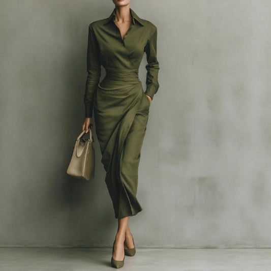 Long Sleeve Collared Midi Bodycon Dress Women Fall