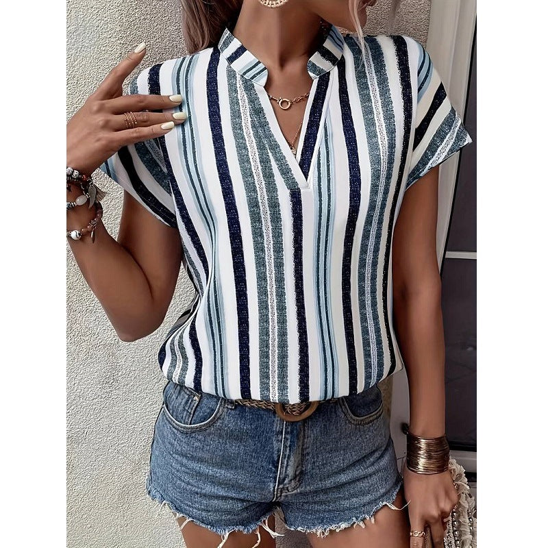 Striped V-Neck Batwing Sleeve Blouse for Women