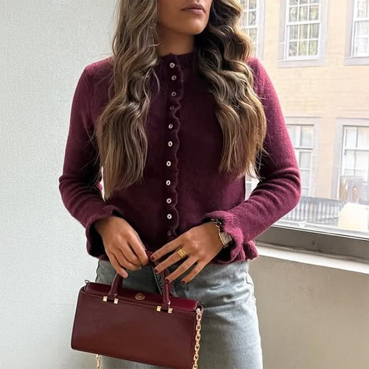 Women's Ruffle Button Front Cardigan Sweater Long Sleeve