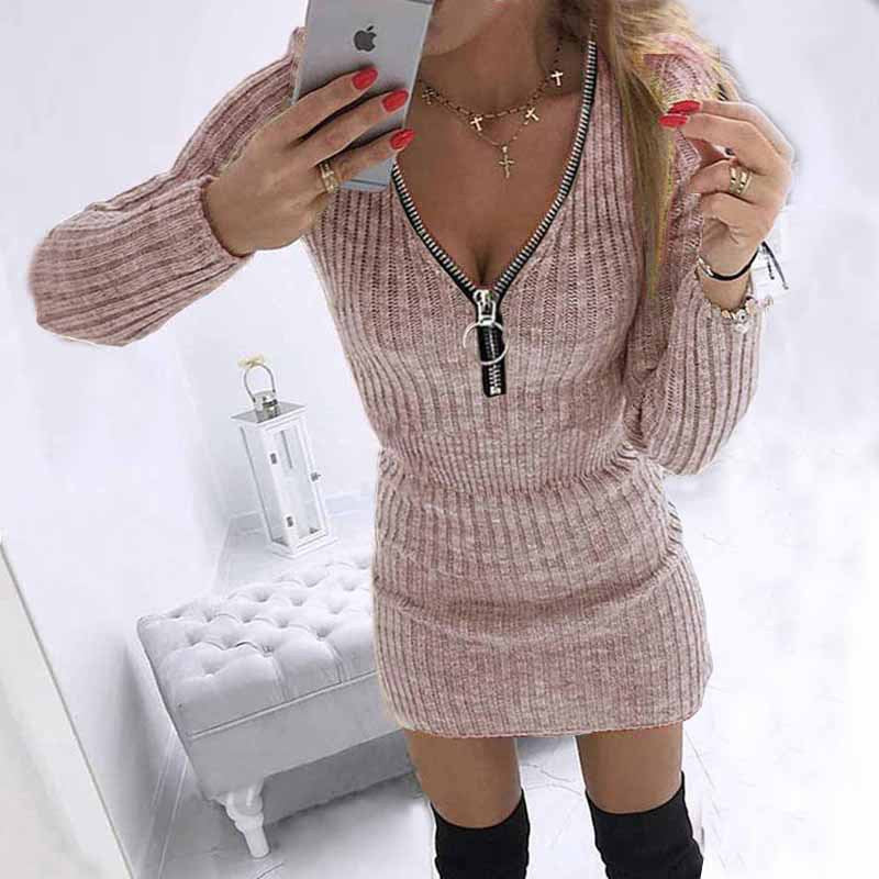 Ribbed Knit Zip Front V-Neck Bodycon Sweater Dress