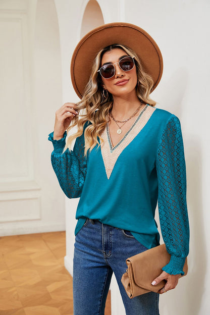 V-Neck Lace Long Sleeve Loose Fit Tunic Top