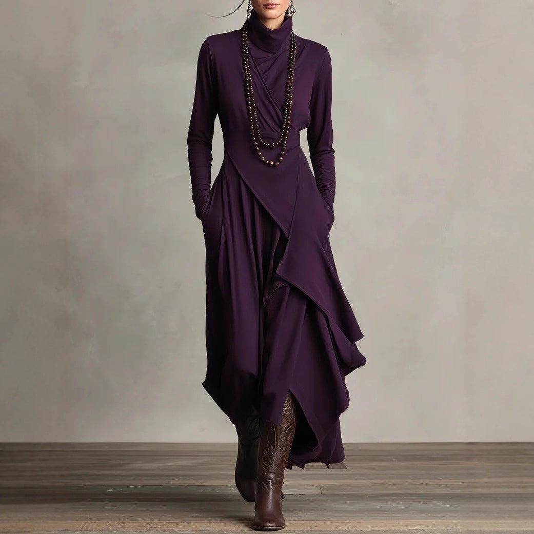 Women's Turtleneck Long Sleeve Asymmetric Midi Dress